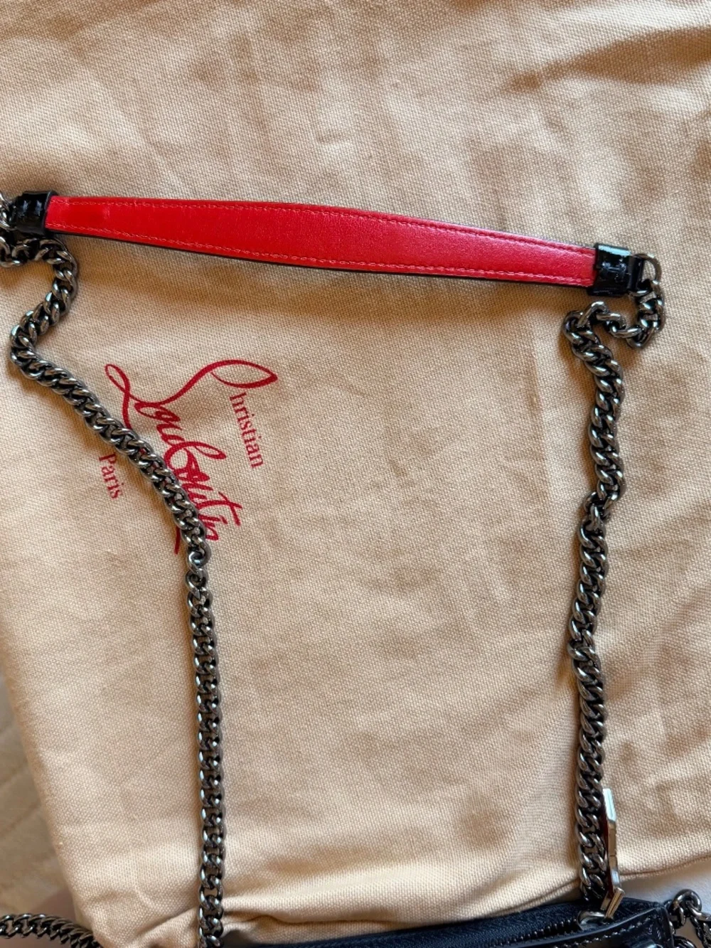*RARE* Authentic Christian Louboutin Black Zip Clutch w Chain Strap Red Lining